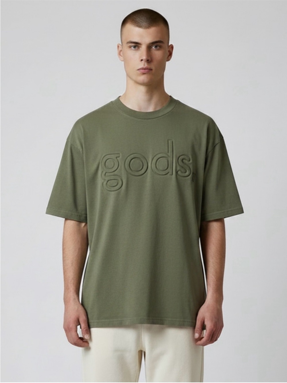 Olive Green 'gods' Embossed Short Sleeve Tee